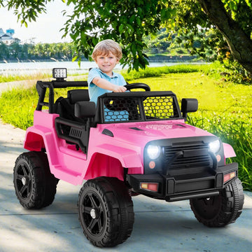 OLAKIDS Kids Ride On Truck 12V Electric Vehicle Jeep Car with Remote Control Toddlers Battery Powered Toy with 2 Speeds Spring Suspension Double Open Doors LED Lights Music TF USB Mp3 (Pink)