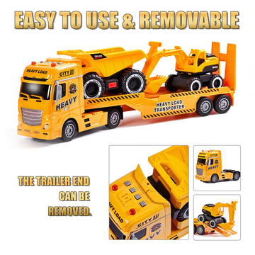 Zhfuys 4-In-1 Construction Carrier Truck Toys For Kids, Semi Toy Car Kids Toy With Excavator And Dump Truck, Great Gift For Age