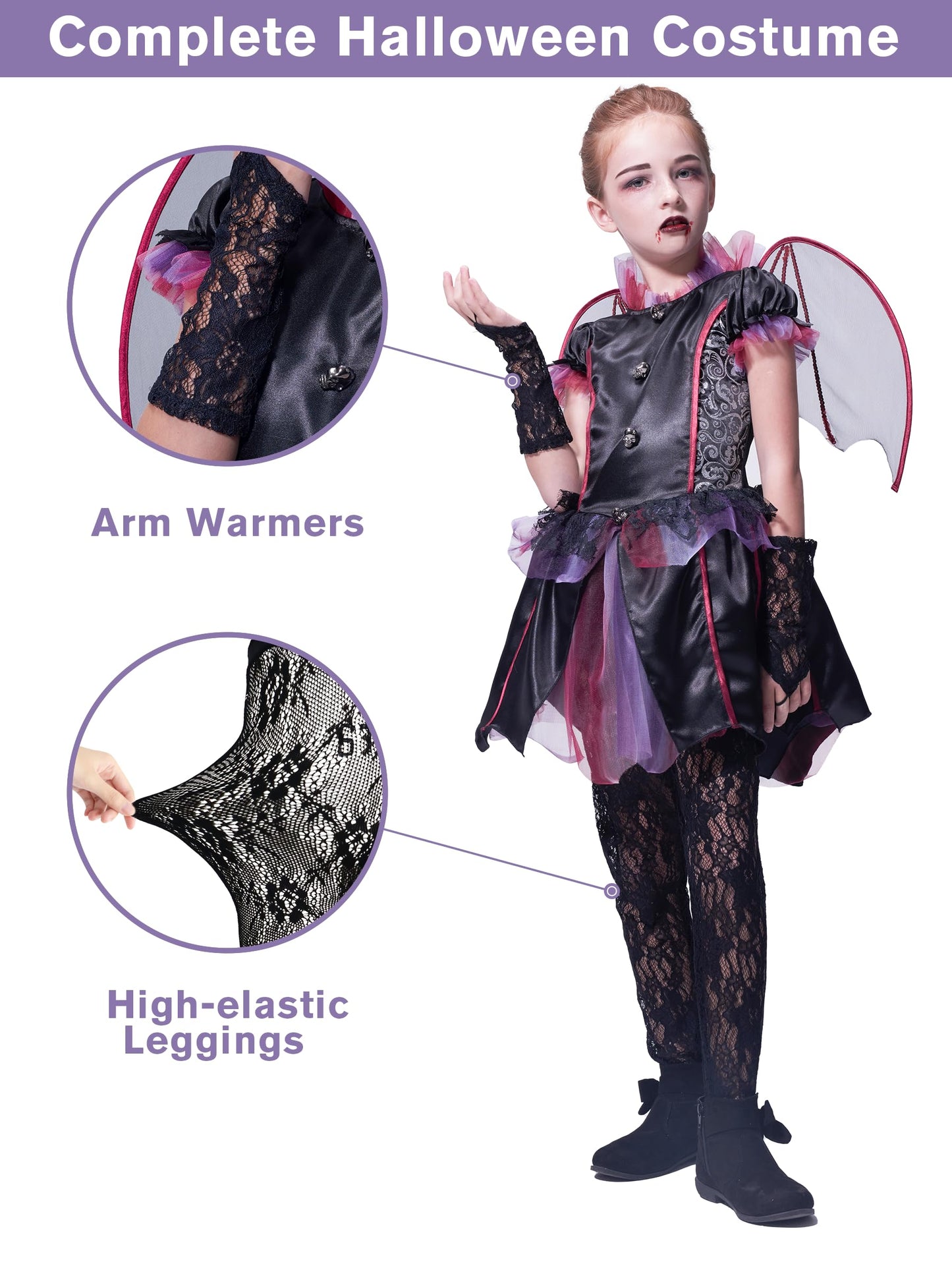 IKALI Halloween Vampire Bat Costume for Girls with Wings,Kids Gothic Darkness Fancy Dress Outfit