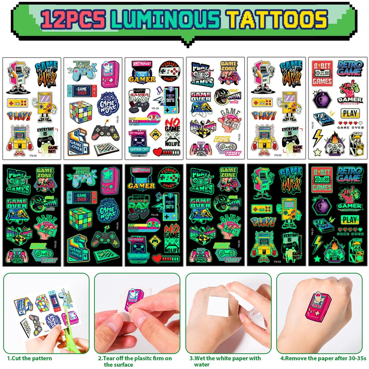 Winrayk 12 Sets Video Game Party Favors Gamer Birthday Supplies, Gaming Drawstring Bags Glow In The Dark Tattoos Stickers, Video Game Gifts Toys Game On Goodie Bag Stuffers Gamer Party Favors Supplies
