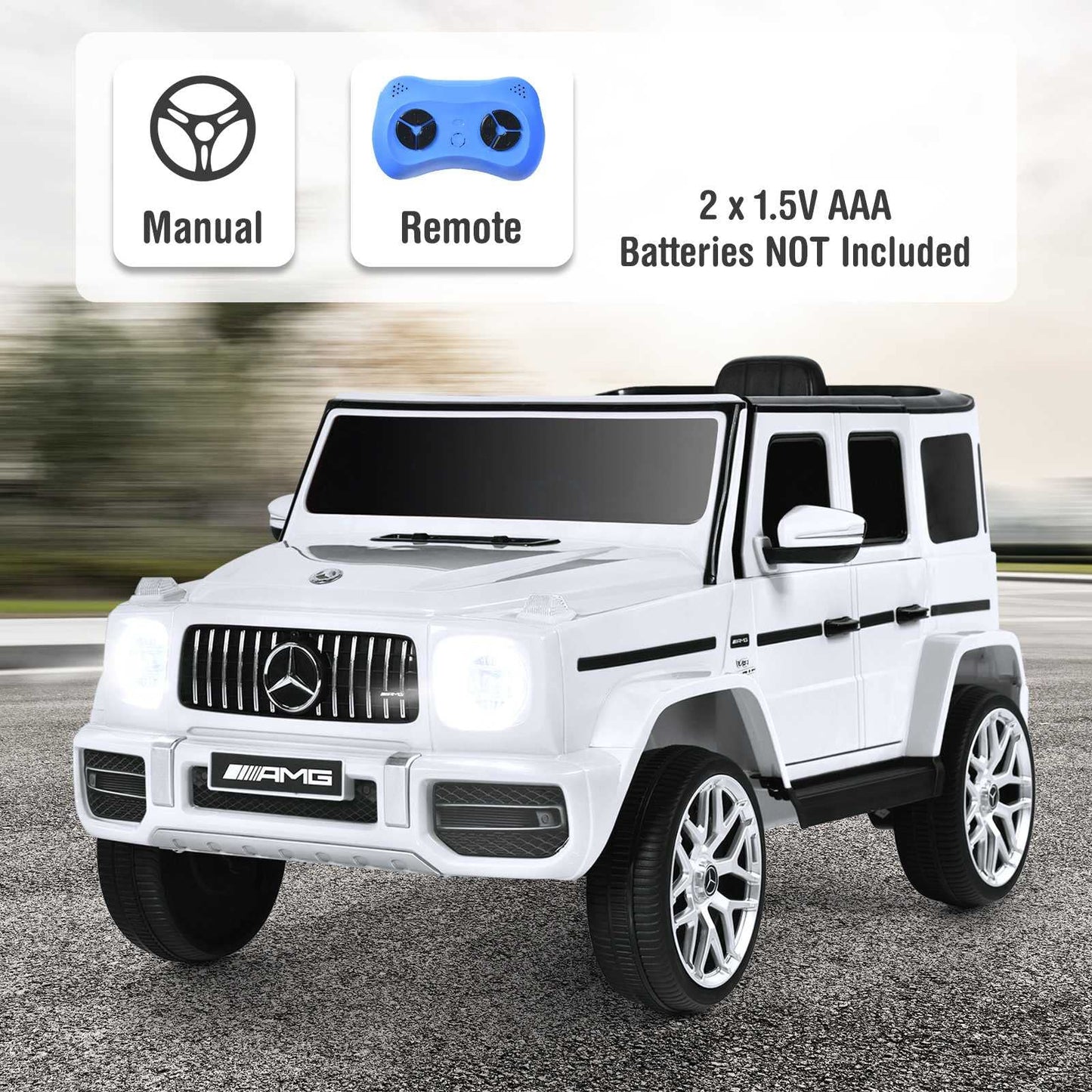Olakids 12V Kids Ride On Car, Licensed Mercedes Benz G63 Electric Vehicle With Remote Control, Double Open Doors, Music, Bluetooth, 2 Speeds, Wheels Suspension, Battery Powered Driving Toy (White)