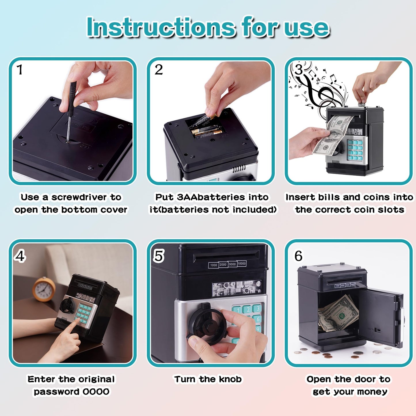Evthsu Black Electronic Atm Safe Piggy Bank For Kids - Real Money Savings Coin Bank With Code Lock & Password, Gift Money Box Fo