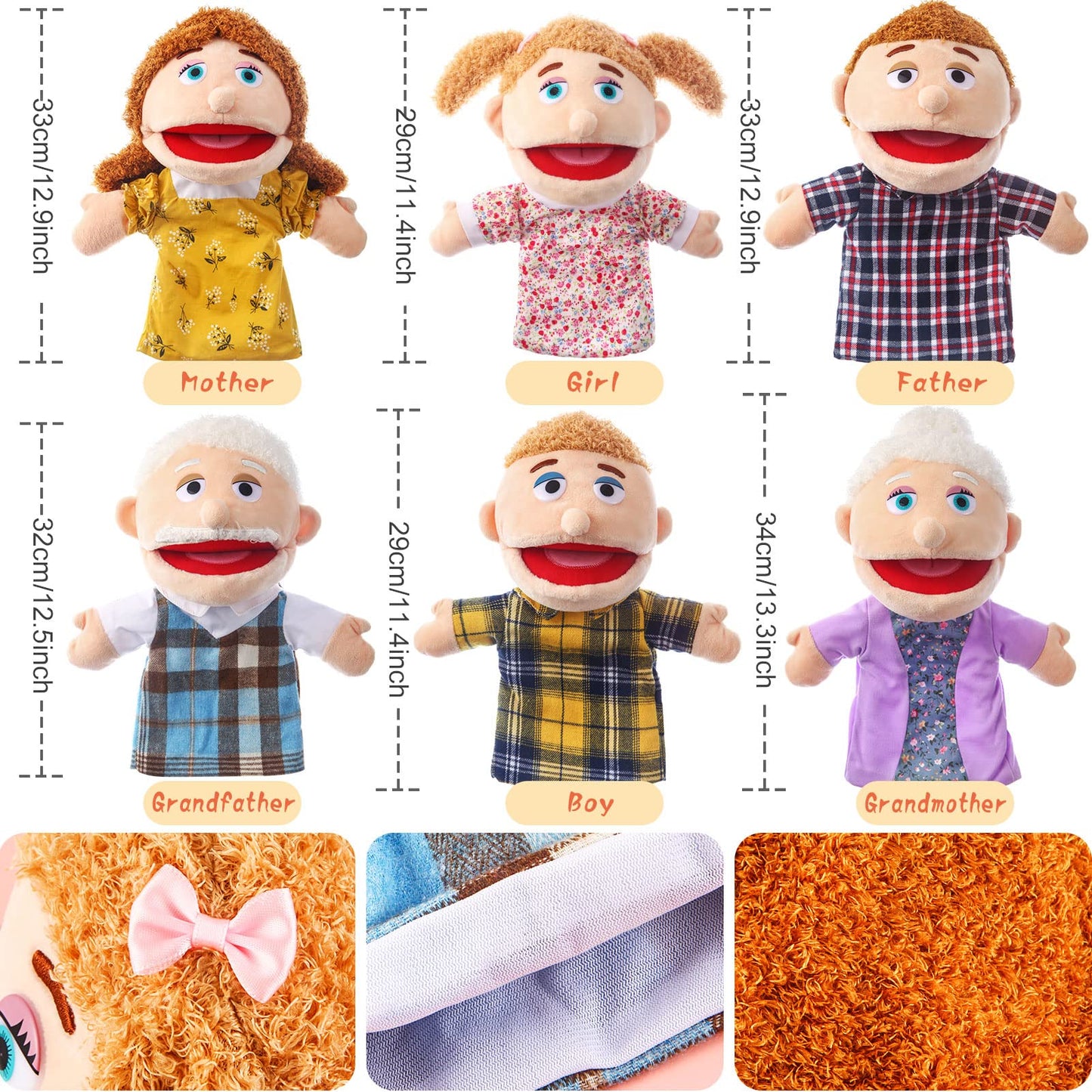 6 Pcs Family Hand Puppets 12 Inch Grandparents, Mom & Dad, Brother & Sister Plush Hand Puppet Toys Role-Play Toy Puppets For Kid