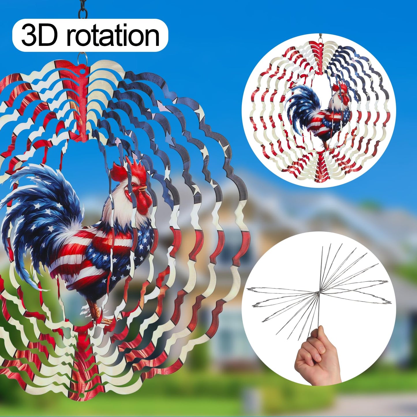 Rooster Metal Wind Spinners For Outdoor,Birthday Gifts For Women Mom Grandma, 12 Inch Garden Decor American Flag Wind Spinner Bi