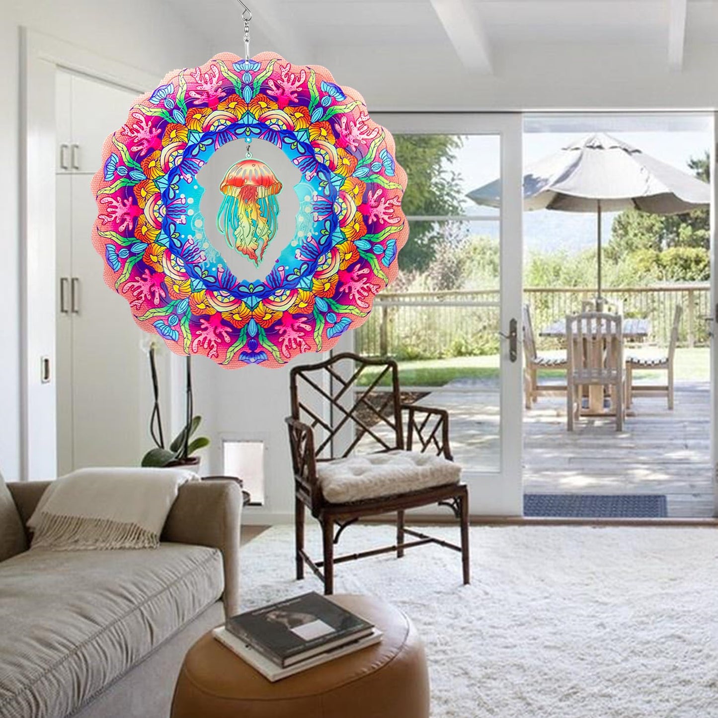 Dinoneyi Wind Spinner Outdoor Metal Jellyfish 12Inch 3D Stainless Steel Garden Sculpture 3D Wind Spinner Hanging Yard Garden Dec