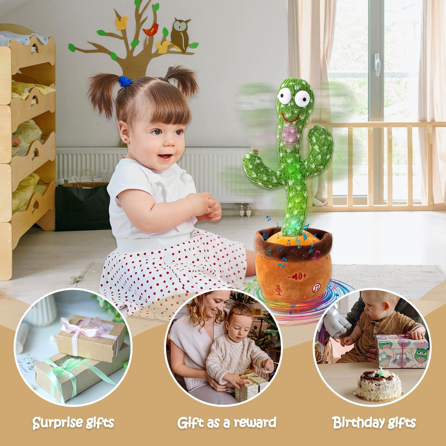 Miaodam Children Song Version Dancing Cactus, Volume Adjustable Talking Cactus Baby Toy Repeats What You Say, Colorful Glowing Talking Cactus Toy Singing 10 Songs, Embroidery Button Safety Cactus Toys
