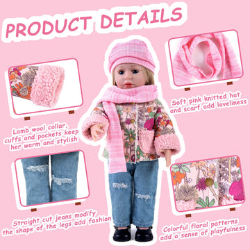 Rakki Dolli Doll Clothes 4 Piece Set Includes Pink Flower Snow Jacket, Knitted Wool Hat, Scarf And Hipster Jeans Fits For 18' American Girl Dolls (Doll And Shoes Not Included) 008