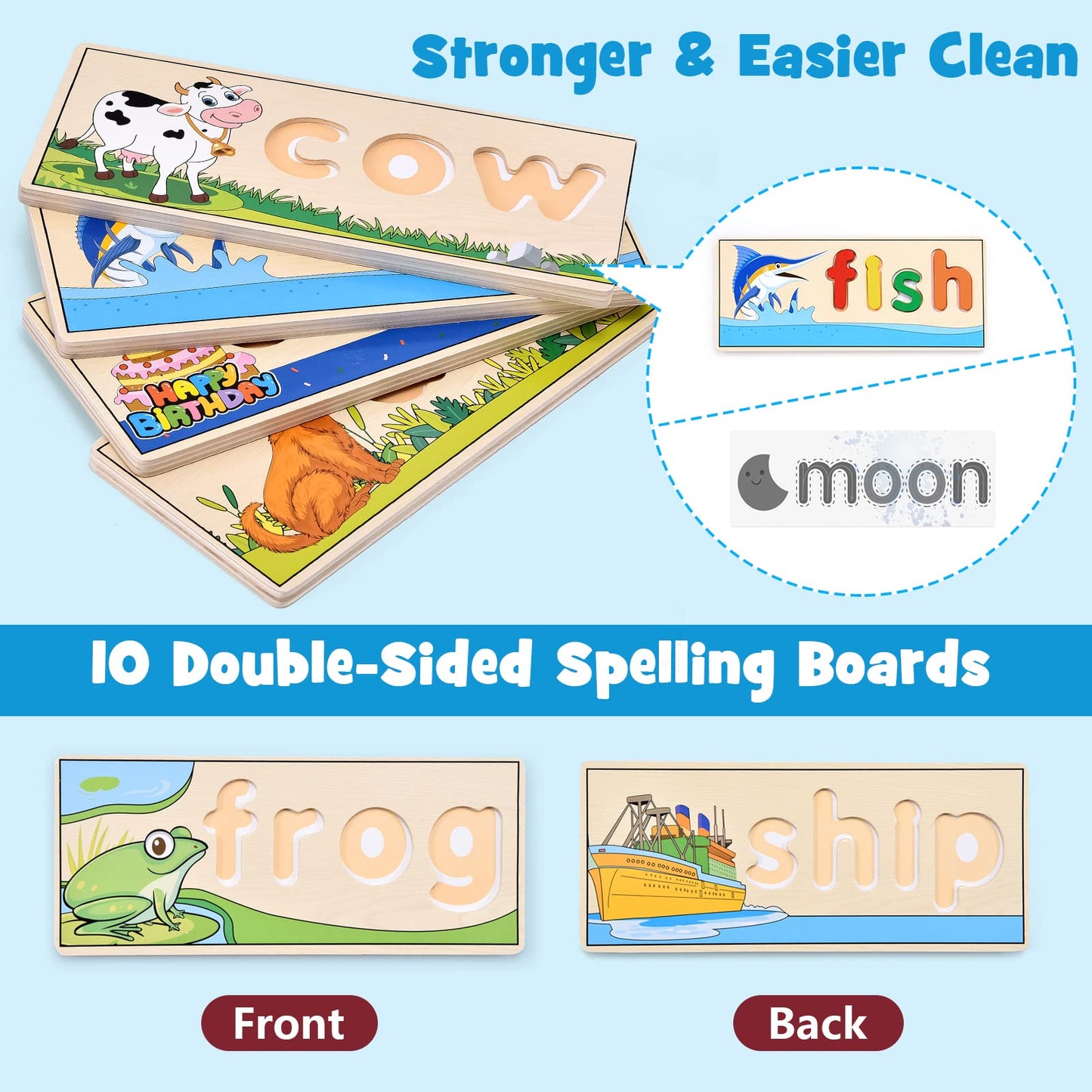 Atoylink Wooden Spell Learning Toys For 2 3 4 5 Year Old Kids Match Letter Spelling Game Board & Letters & Box, Cvc Word Builder