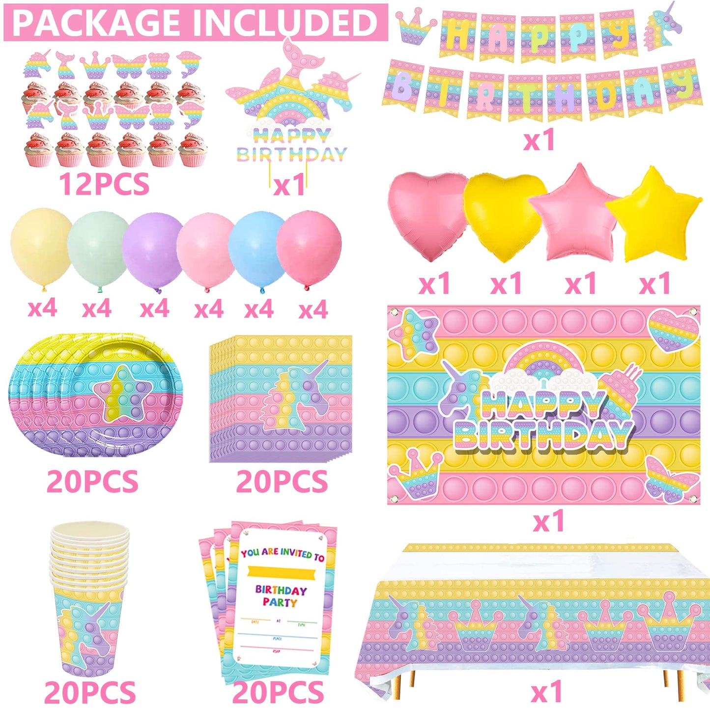 Kakan 124Pcs Pop Birthday Decorations For Girl,Pop Birthday Party Supplies,Includes Banner,Backdrop,Cake Toppers,Tablecloth,Napk