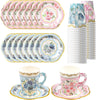 WorldBazaar Tea Party Cups and Saucers 24 Sets Floral Paper Cups with Handles 9oz Tea Party Decorations Flower Birthday Party Su