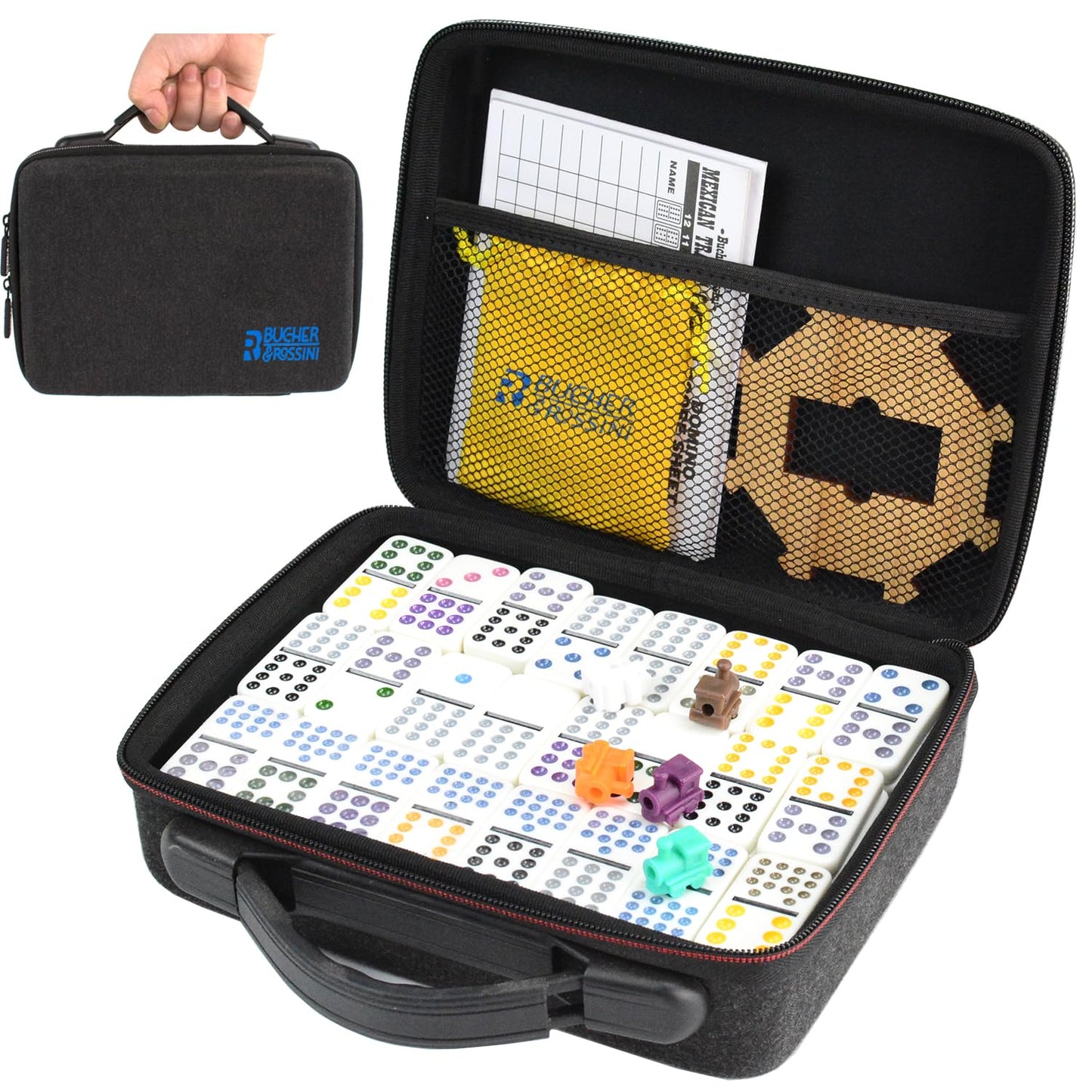 Bucher&Rossini Mexican Train Dominoes Set Double 15, 136 Colored Dot Tiles With Hard Eva Carry Case For Kids & Adults Dominoes Board Game