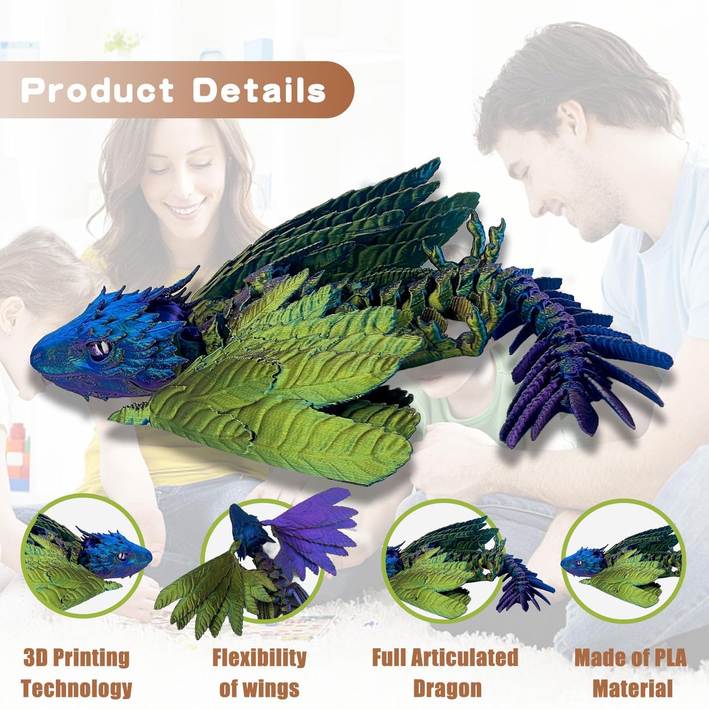 Sgyysg Feathered Wyvern, 3D Printed Articulated Dragon With Wings - Desktop Pet For Fantasy Enthusiasts (Dazzling Color)