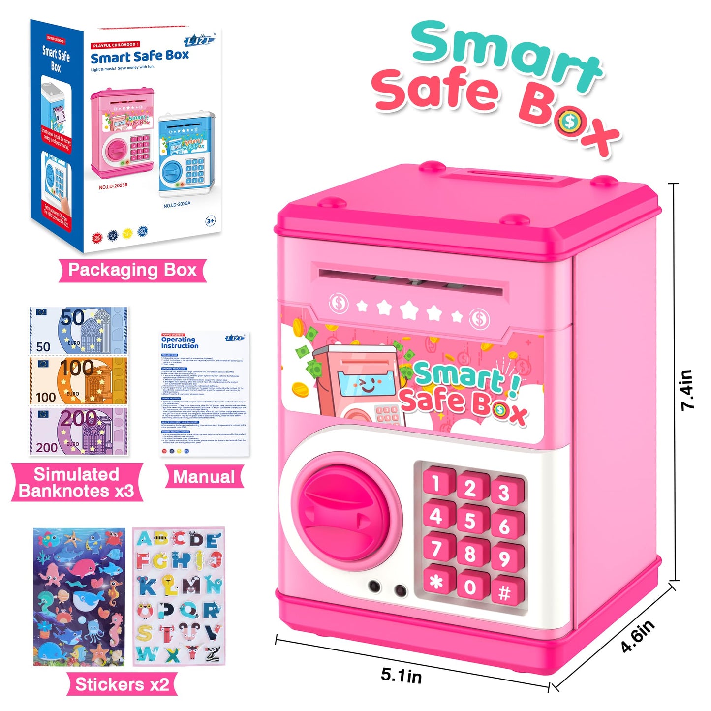 Pink Piggy Bank For Kids With Password Code Lock And Auto Grab Bill Slot, Philaeec Real Money Cash Coin Can Saving Box Electroni
