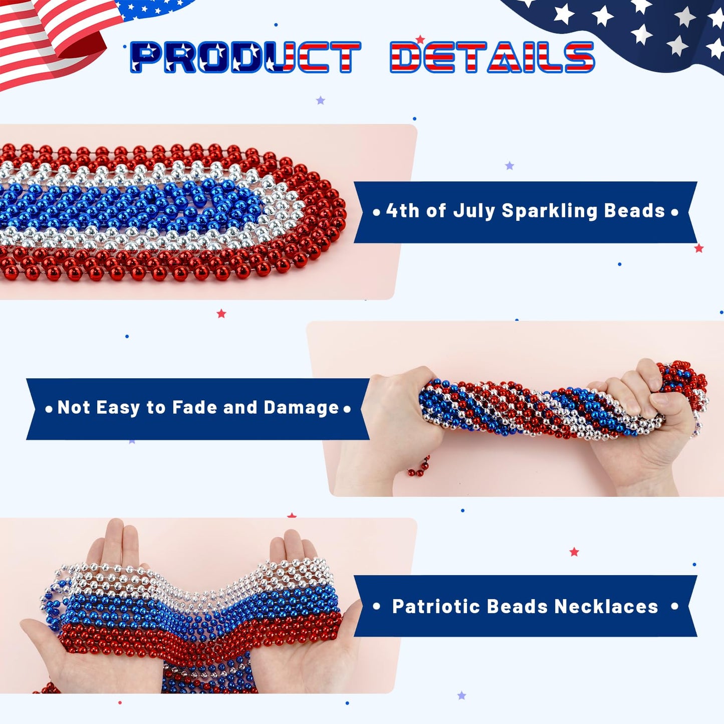 SHAOQINLIN 102 PCS Patriotic Bead Necklaces, 4th of July Beads Necklaces Bulk 4th of July Accessories 33 Inch Metallic Red/Silve