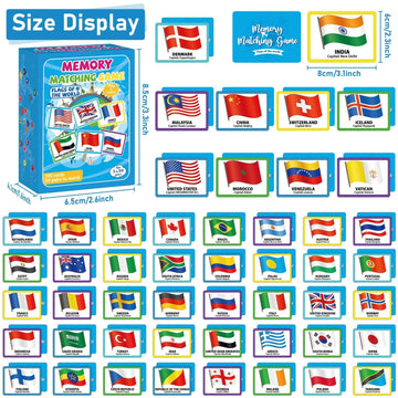 gisgfim Memory Matching Game - 50 Pairs Flags of The World, Colorful Educational Card Game for Kids & Adults, Fun & Fast Concentration Game