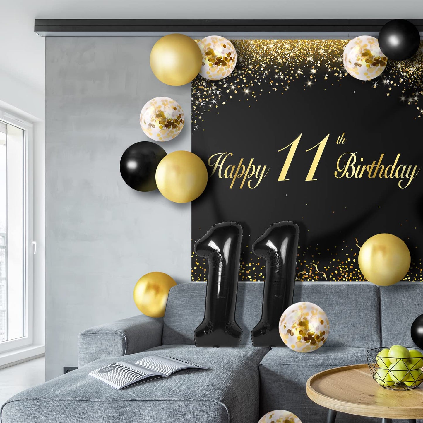 Happy 11Th Birthday Balloons Black Set Decor - Cheers To 11 Years Old Party Theme Garland Banner Backdrop Decorations For Boy An