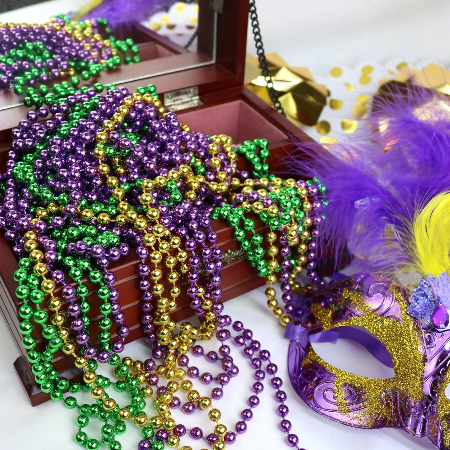 GIFTEXPRESS 12 pcs Mardi Gras Beads, 33'' Multi Colors Necklaces Bundle, Party Costume Necklace Metallic Colors in Gold, Green,
