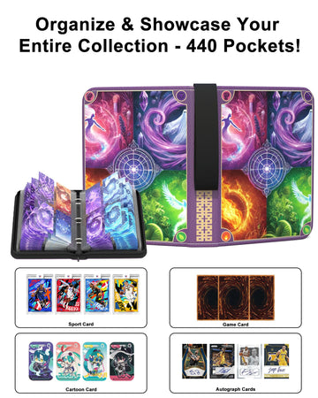 KWRNVO Card binder 4 Pocket Trading Card Binder Hold 440 Cards With 55 Removable Sleeves Portable Card Book Album with Zipper for Christmas Gifts