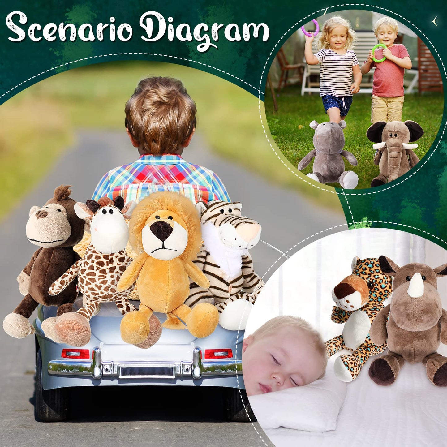 Hydren 10 Pcs Safari Stuffed Animals Plush Jungle Animal Toys For Girls Boys, Elephant Giraffe Lion Tiger Monkey Rhinoceros Zebr