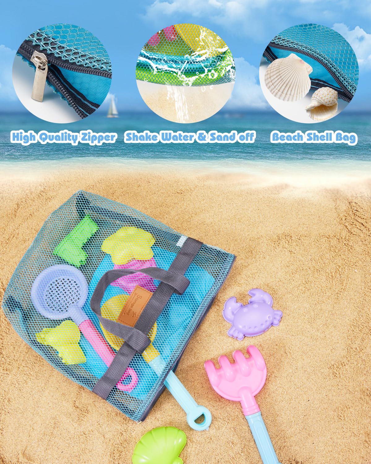 Unistylar Beach Toys, Sand Beach Toys for Toddlers with 3 Collapsible Foldable Sand Bucket and Shovels, Mesh Bag, Sand Castle An
