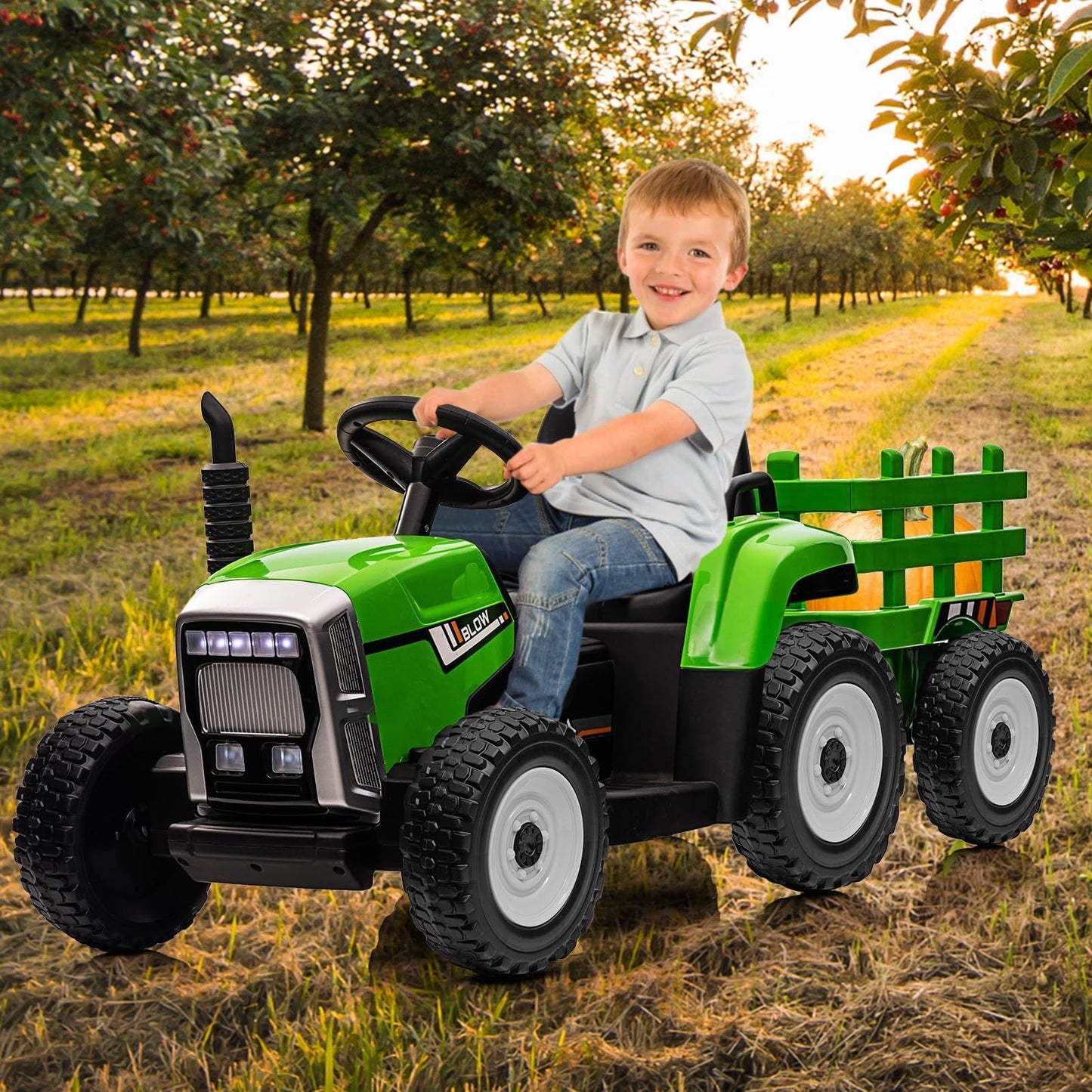 Nasitip 12V Battery Powered Electric Tractor With Trailer, Toddler Ride On Car W/Remote Control/ 7-Led Headlights/ 2+1 Gear Shif
