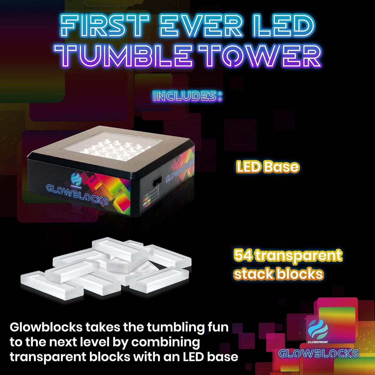 Glowblocks LED Tumbling Tower Game by Glowsphere - Colorful Stacking Game for Kids & Adults - Fun Indoor Family Game Night Activity