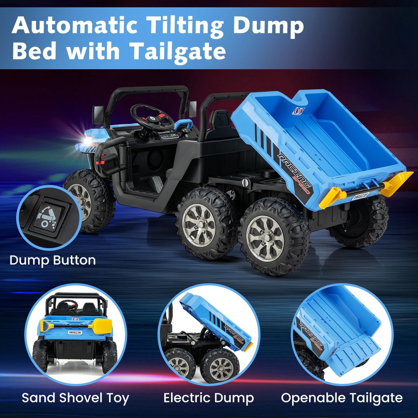 OLAKIDS 24V 2 Seater Ride on Dump Truck, 4WD 6x6 Battery Powered Kids UTV with Remote Control, 4 x 90w Engine, Electric Dump Bed