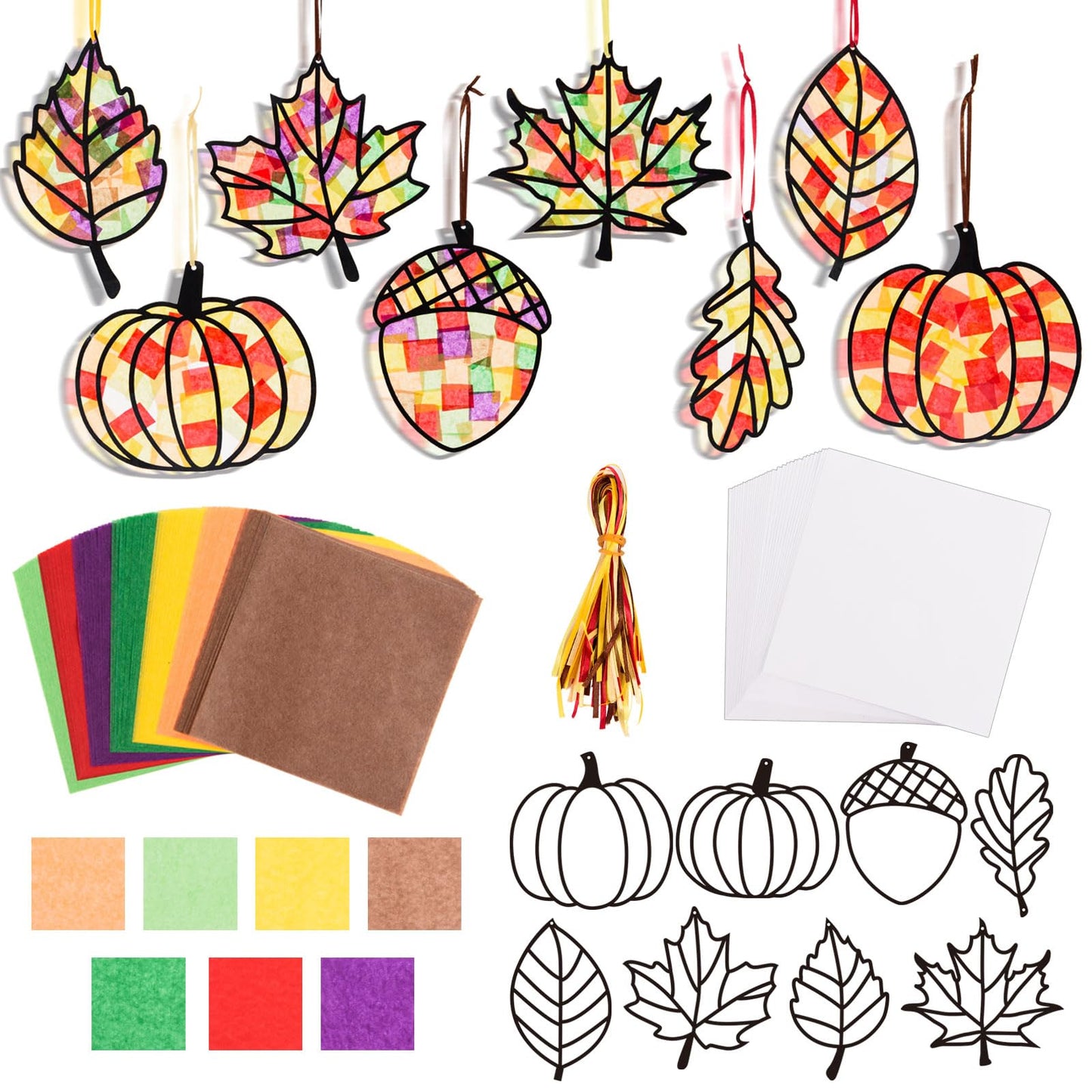 MixTeach 32 Sets Thanksgiving Suncatchers Fall Leaf Paper Craft Kit DIY Autumn Leaves Suncatchers with 32 Self-Adhesive Clear St
