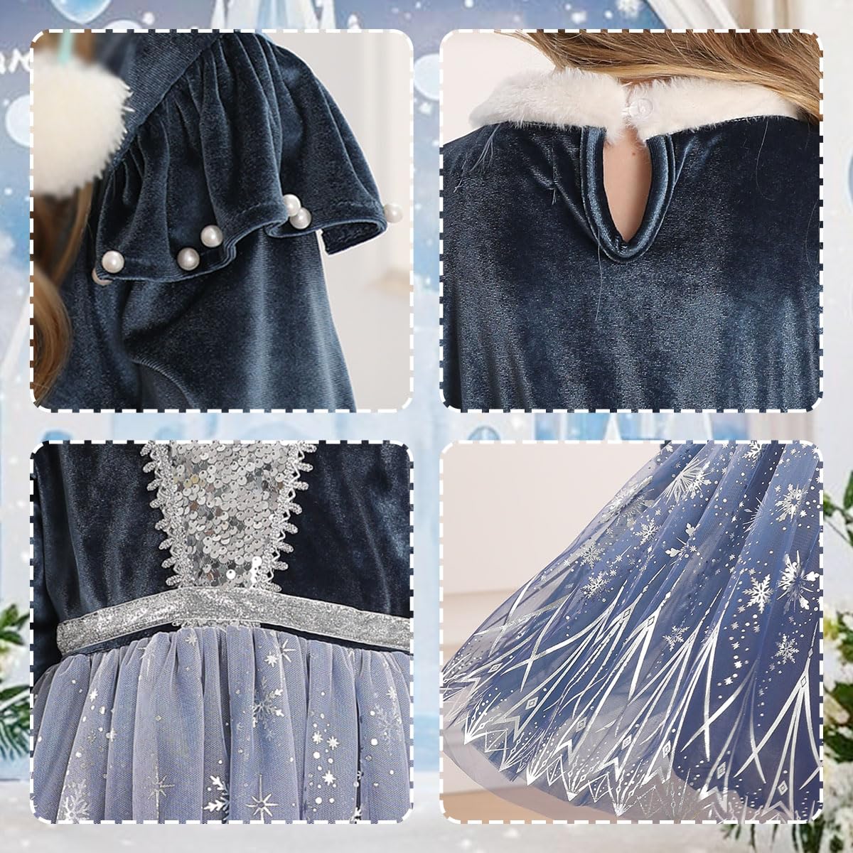 Itvti Girls Princess Elsa Dress Up Costume Snow Queen Halloween Christmas Cosplay Party Toddler Dress Blue, 5-6 Years(Label 130)