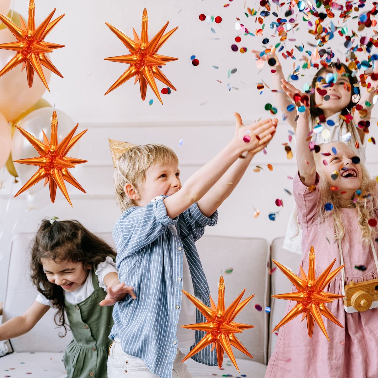 6 Pcs Orange Star Foil Balloons One-Piece 14-Pointed Star Balloons 4D Starburst Cone Mylar Balloons 22Inch Christmas Birthday We