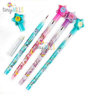 TINYMILLS 24 Pcs Unicorn Stackable Push Pencil Assortment with Eraser for Unicorn Pink Birthday Party Favor Prize Carnival Goodi