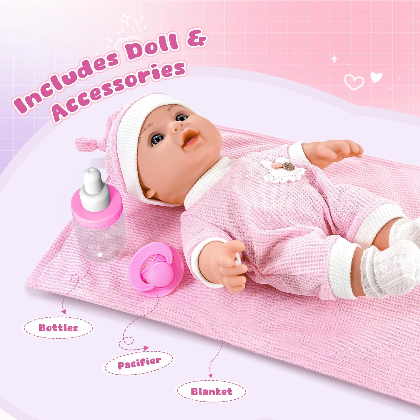 12'' Baby Doll For Toddlers 1-3, Baby Doll Set With Accessories Includes Pink Clothes, Pacifier, Feeding Bottle, Blanket, First