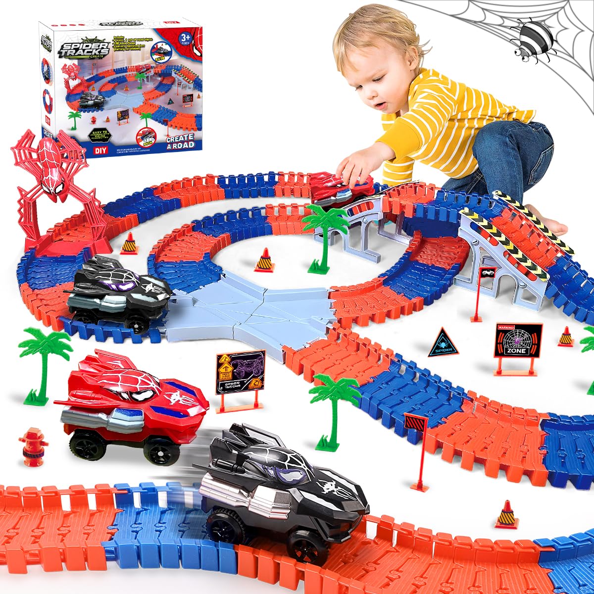 KaeKid Spider Race Track for Boys 3-8, 212PCS Race Car Track with 2 Spider Cars, DIY Flexible Track Playset, Toddler Toys Birthd