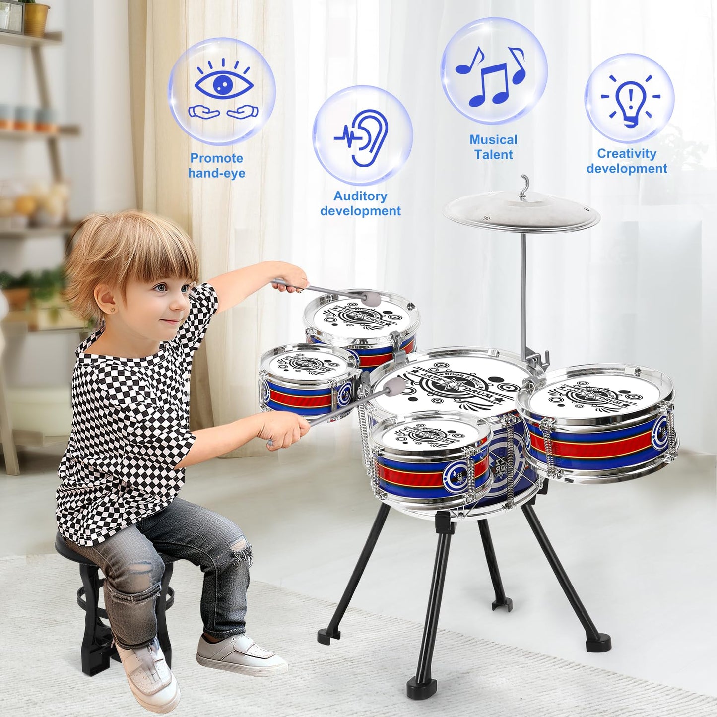 M Sanmersen Kids Drum Set Jazz Drum Kit 8 Piece For Toddler Educational Percussion Musical Instruments Drum Toy Playset Xmas Gift For Boys Girls - Blue