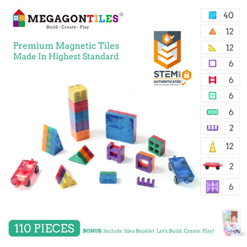 Megagontiles 110Pcs Premium Magnetic Tiles| Magnet Tiles| Stem Authenticated| Magnetic Tiles Kids|Magnetic Blocks|Magnet Tiles S