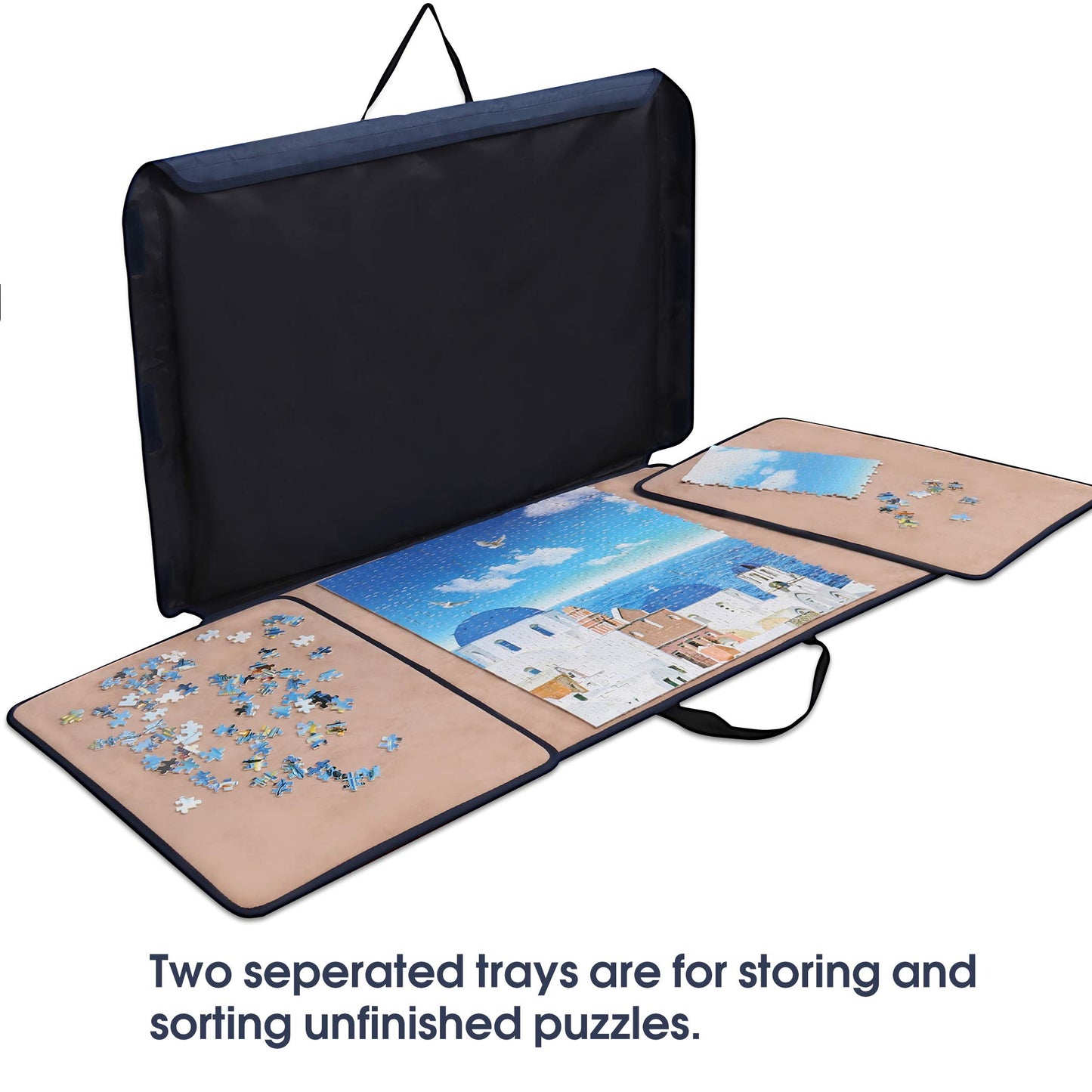 Becko US Jigsaw Puzzle Board - Portable Storage Case for Up to 1000 Pieces, Non-Slip Surface, Dark Blue & Khaki, Model WGPTB