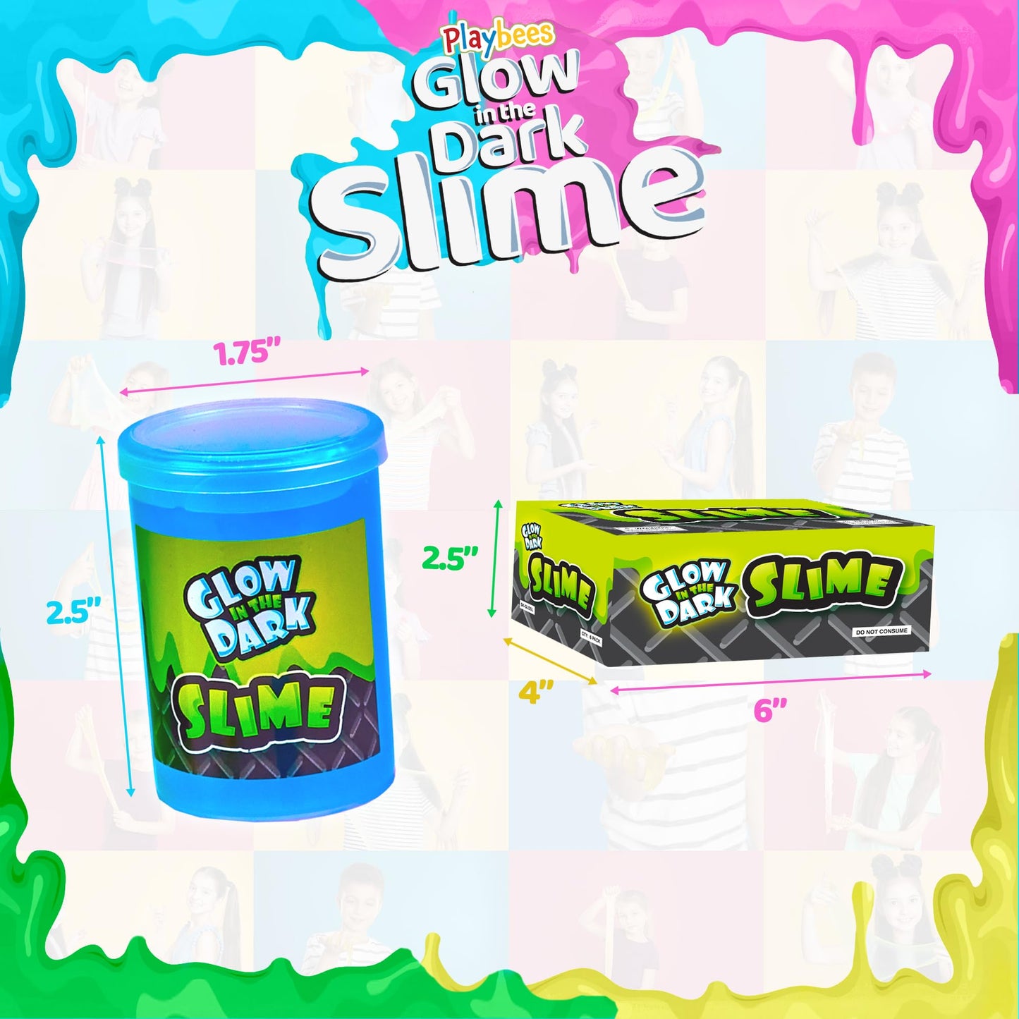 Playbees Glow In The Dark Slime - 6 Pack - Neon Blue, Green, Pink, Yellow Colors - Glowing Slime Kit For Kids - Party Favors, Go