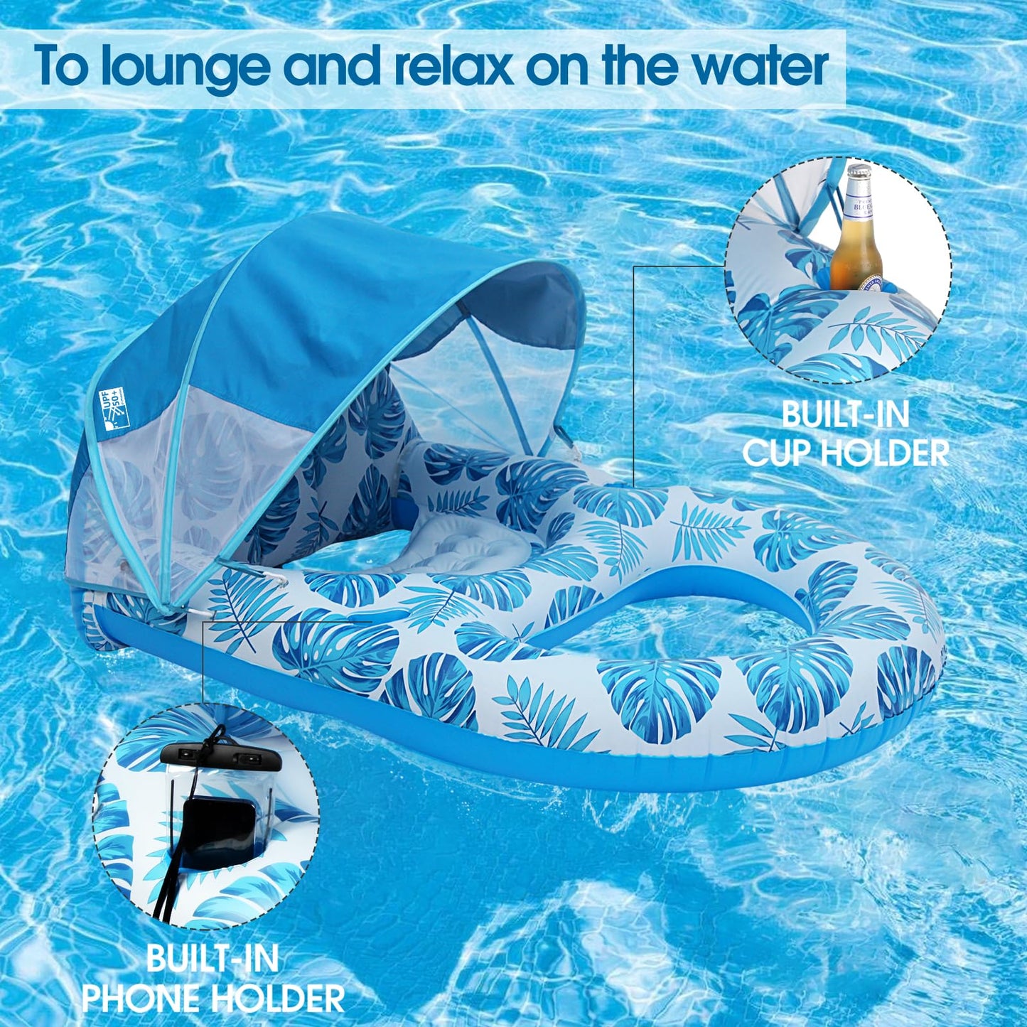 COOLCOOLDEE Inflatable Pool Lounge Float with Canopy, UPF50+, Extra Large, Blue, Model CCD04, Heavy Duty with Cup Holder & Backrest