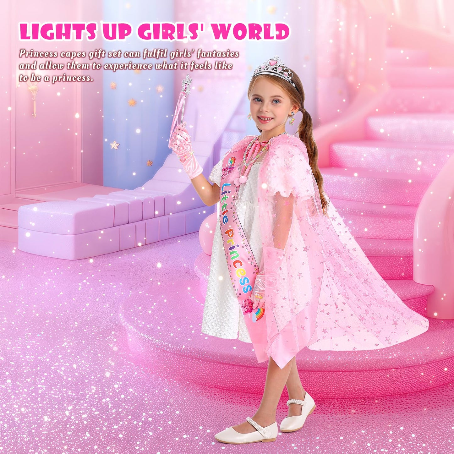 Princess Dress Up Clothes For Little Girl, 11Pcs Princess Dress Up Cape Gift Set With Pincess Crown, Princess Dresses Princess Toys For Toddler Girls 3-8 Years Old Birthday Christmas Gift (Pink)
