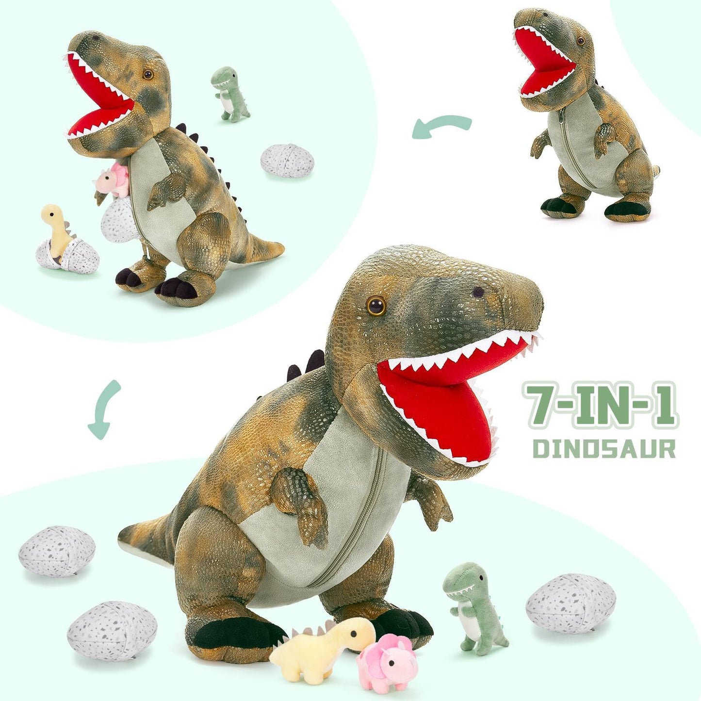 Morismos Dinosaur Stuffed Animal With Babies,23.6'' Big Mommy Stuffed Dinosaur With 3 Baby Dinosaur Stuffed Toys, 3 Dino Egg Toy