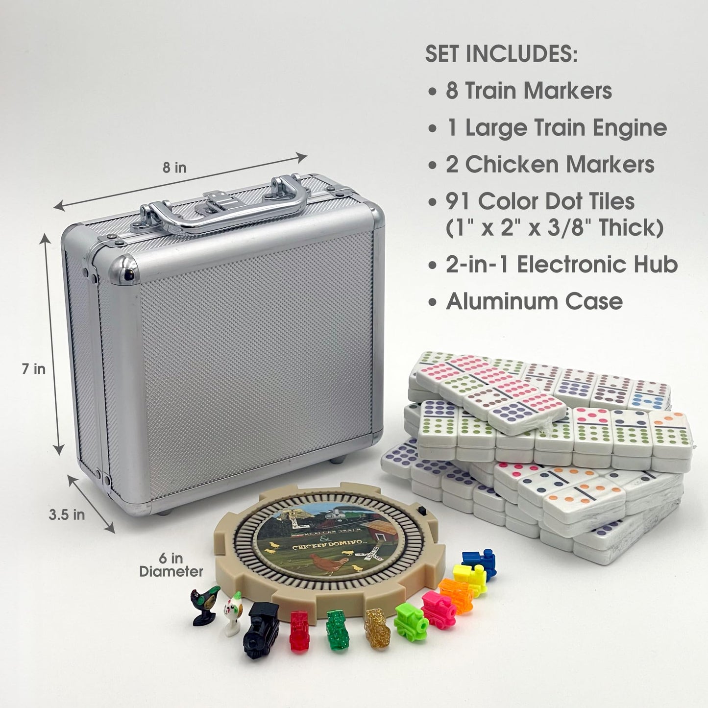 CHH Mexican Train & Chicken Domino Set, Professional 91-Piece, Double 12, Multicolor, Aluminum, 8.25" x 8.25" x 3.75"