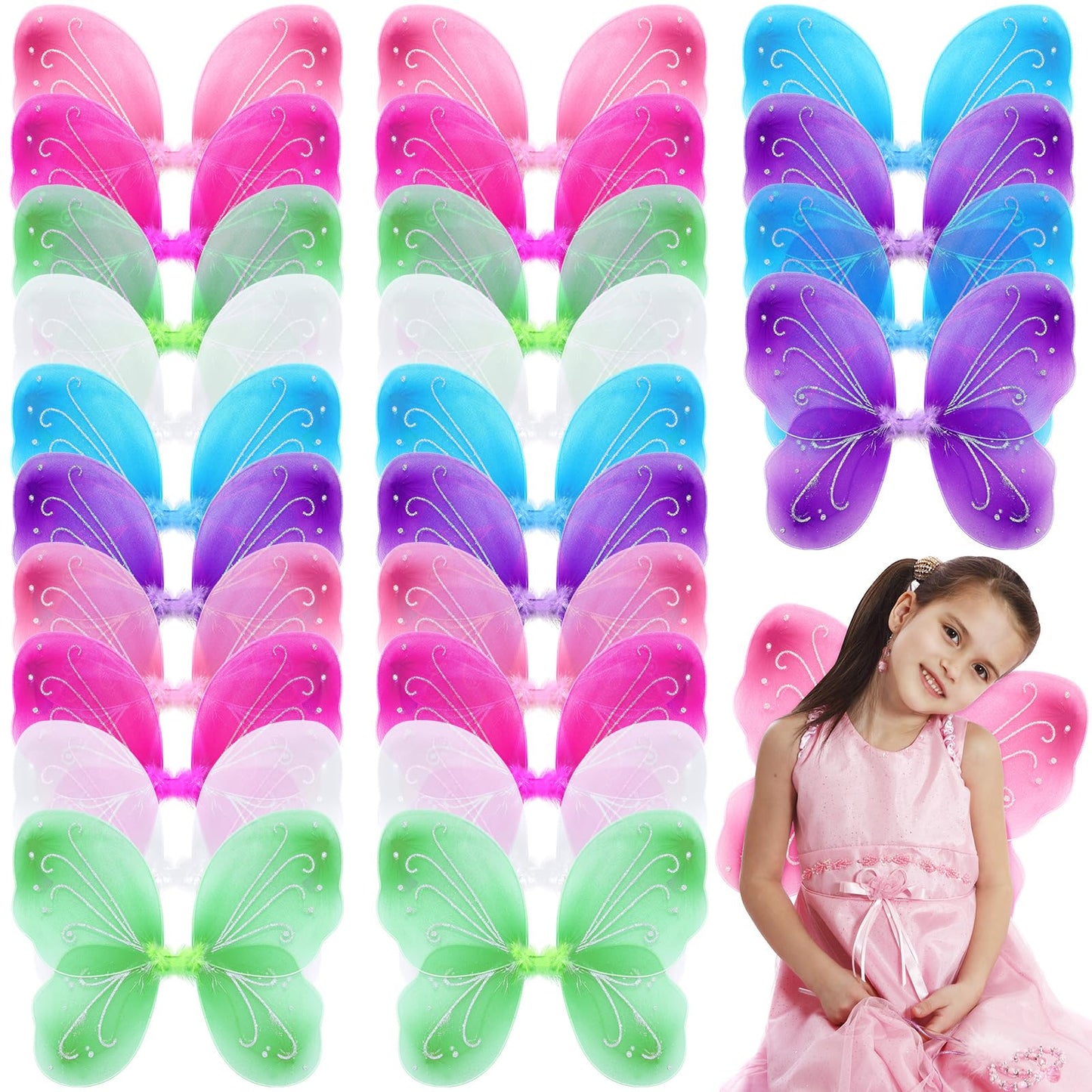Junkin 24 Pcs Fairy Wings For Girls Butterfly Angel Wings Costume Bulk 14 X 16 Inch Vintage Princess Wings Kids' Dress Up Access