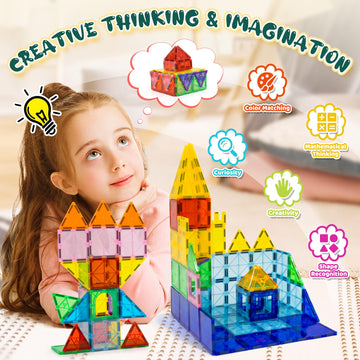 EchoPlan 130 PCS Magnetic Tiles,Magnetic Building Blocks with 2 Cars,Magnet Tiles 3D Clear Construction STEM Preschool Sensory E
