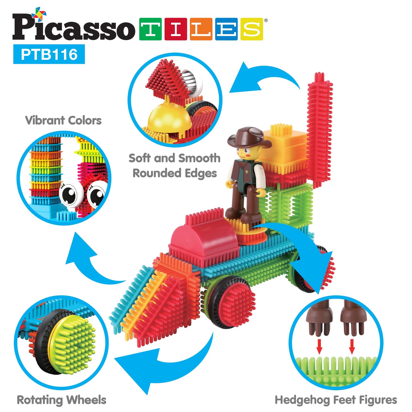 Picasso Toys 116Pc Hedgehog Construction Building Blocks Toy Set Interlock Tiles With Idea Book, 4 Action Figure Characters, 4 D