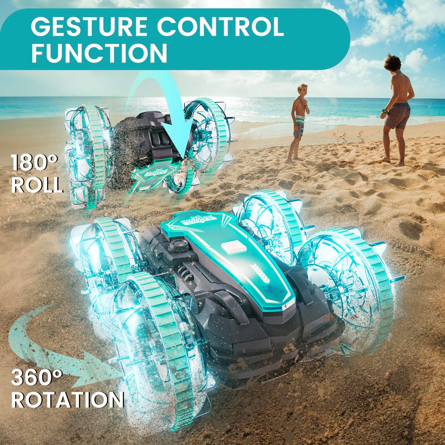 Tecnock Amphibious Remote Control Car Boat, 4WD Gesture RC Car with Waterproof Remote Control, RC Stunt Car with LED Lights, Poo
