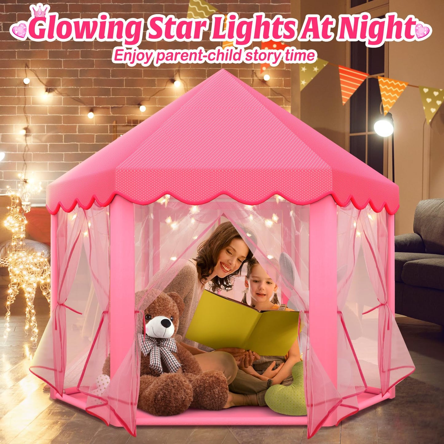 Princess Tent Girls Large Playhouse,Gift For 3 4 5 6 7 8+ Year Girl, Doll Dream House Castle Play Tent With Star Lights Toy For Kids Indoor And Outdoor Activity,Ideal Gift,57'' X 55'' (Dxh)