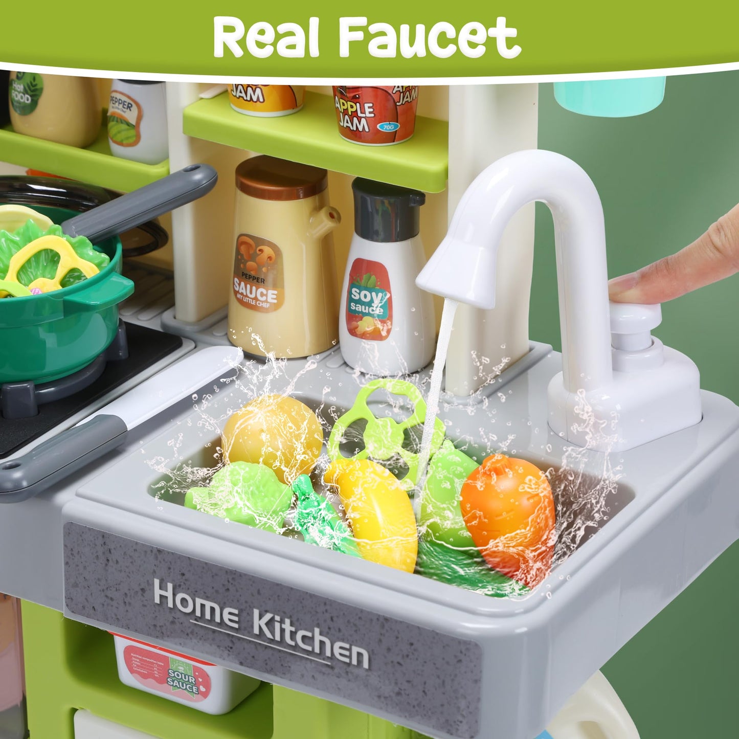 HOLYFUN Kids Kitchen Playset, Pretend Play Kitchen with Sounds and Lights, Cooking Stove Steam,Play Sink and Play Food,Toy Kitch