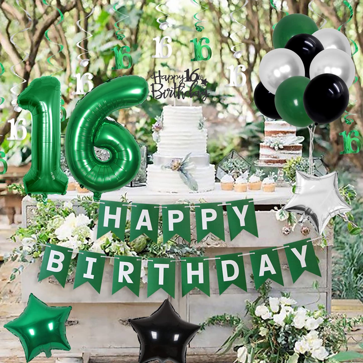 Cheereveal 16th Birthday Decorations for Boys Green, Happy Birthday Party Supplies with Hanging Swirls Happy Birthday Banner Cak