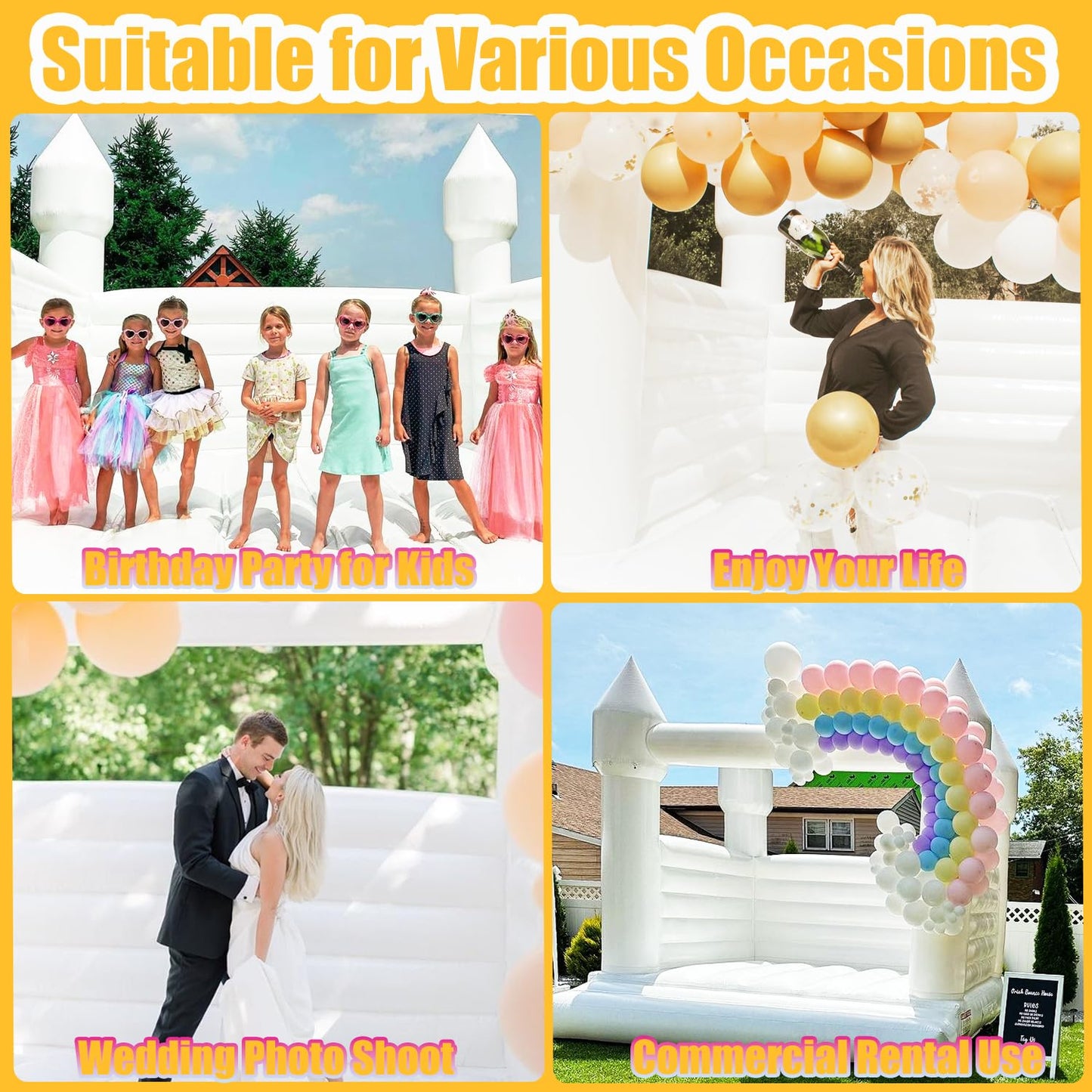 Inflatable White Bounce House Castle, 13x13x10ft Large Jumper PVC Bouncy House with Blower for Toddler Kids and Adults Indoor or