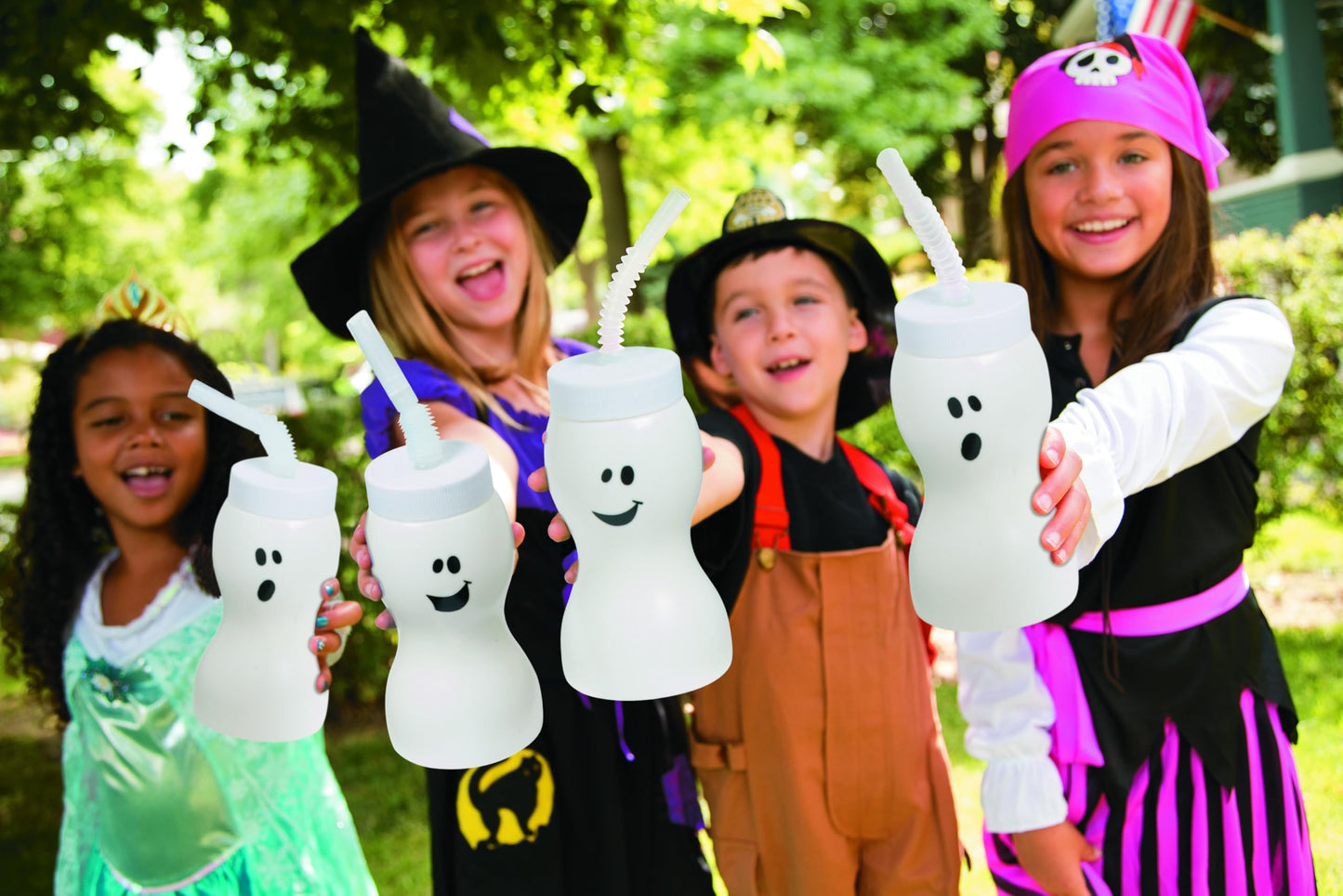 Fun Express Set of 12 Pieces Ghost Shape Cups with Straw for Halloween, Holds 8 oz, BPA Free Plastic, Kids Party Supplies, White